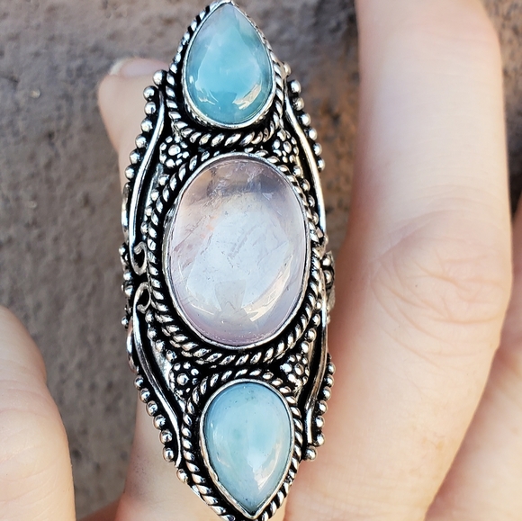 New Rose Quartz & Larimar 925 Silver Statement Ring. - Picture 8 of 15